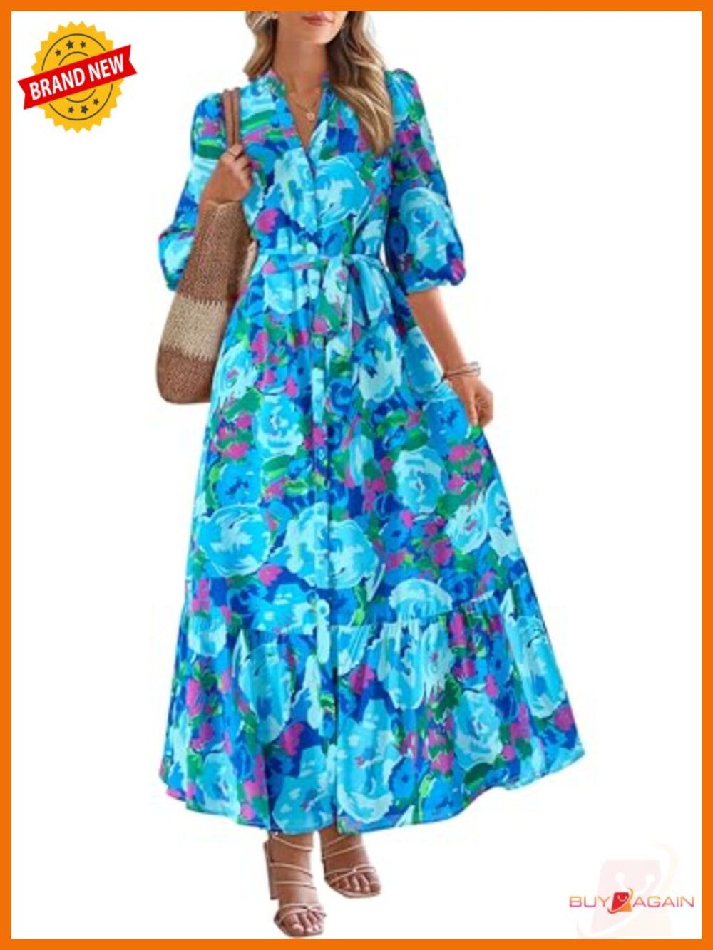 Womens Floral Maxi Dress Boho Puff Sleeve V-Neck Button Down Tiered